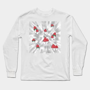 Aesthetic Red Hatted Mushrooms and Butterflies on a Black and White Tie Dye Background Long Sleeve T-Shirt